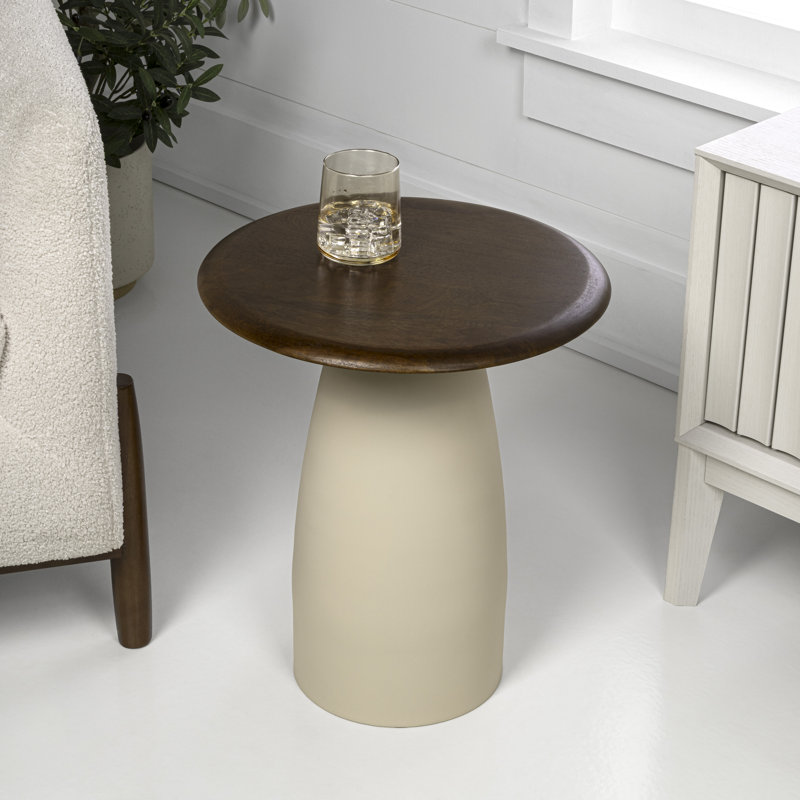 Otto 18" Modern Round End Table, Walnut Mango Wood Top & Curved Warm Ivory Iron Pedestal Base, Accent Side Table for Living Room