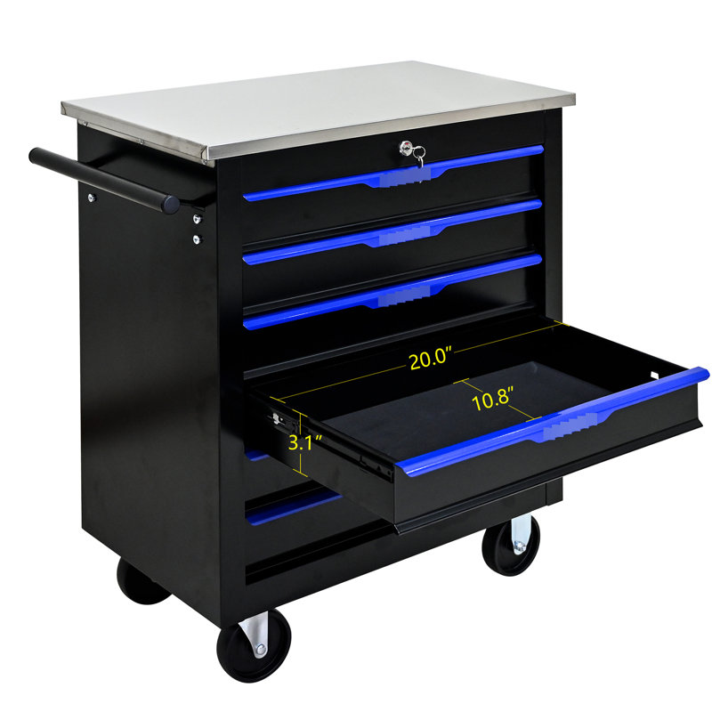 6 chariots à outils sur roulettes - noir + bleu, acier thermolaqué, tiroirs verrouillables, comptoirs en acier lisse, mobile