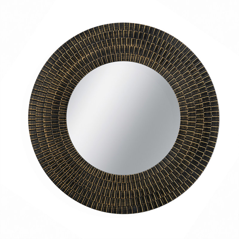 Miroir d'appoint rond noir et doré avec texture tissée, 29,5 po x 29,5 po
