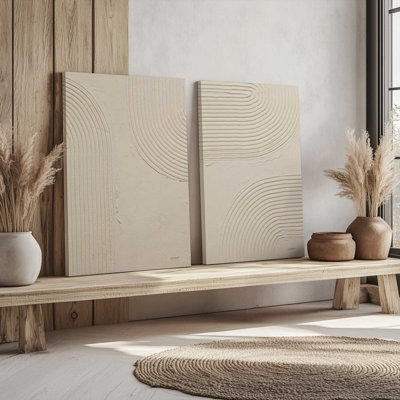 Echoed Curves in Beige Set of 2 Canvas Prints in a Maple Frame, 18" X 12"
