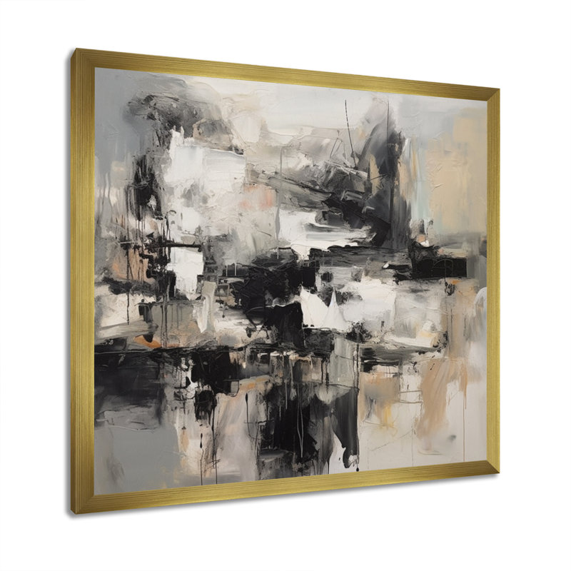Gris intérieur noir des mondes de marbre II - art mural géométrique abstrait pour le salon, H 16 po x l 16 po x P 1 po