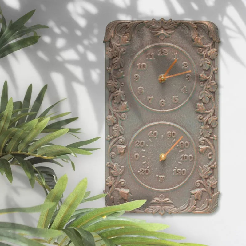 Copper Verdigris Aluminum Outdoor Wall Clock and Thermometer
