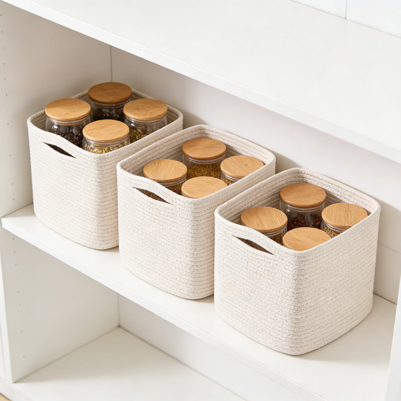 Woven Cotton Rope Storage Bins, 13 Inch Cube Organizer Baskets For Shelves, Closet, Toys, Books And Home Decor, Foldable And Washable (Pack Of 3)