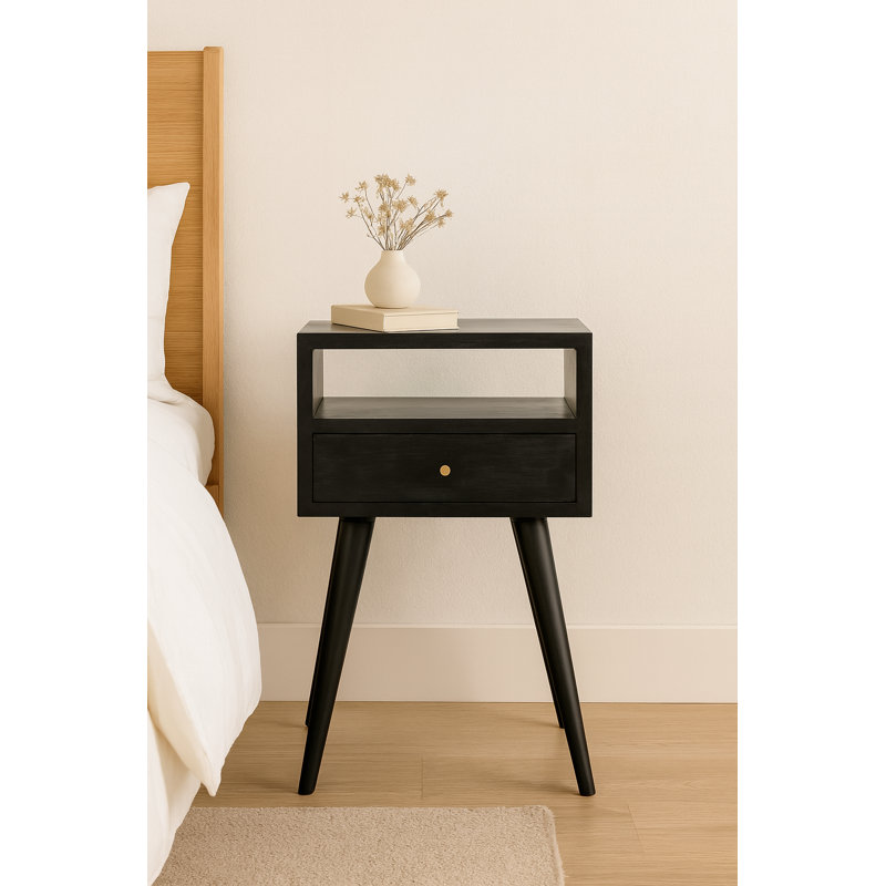 Corniyah 12'' W Solid Wood Nightstand, Black