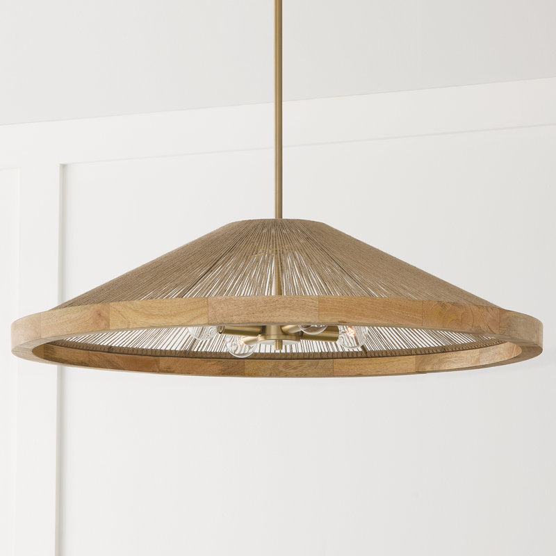 Luminaire suspendu 4 lumières l 31 po x H 7,50 po en laiton mat et corde de jute tissée à la main