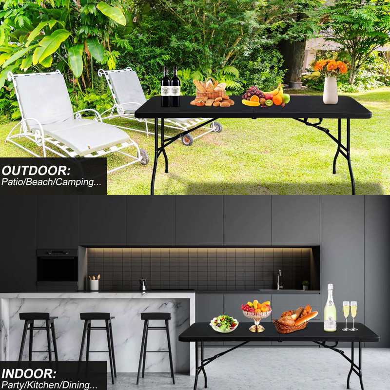 Portable Plastic Table For Parties - 6ft, Waterproof, Black Folding Outdoor Adventures High Load Capacity,, Black