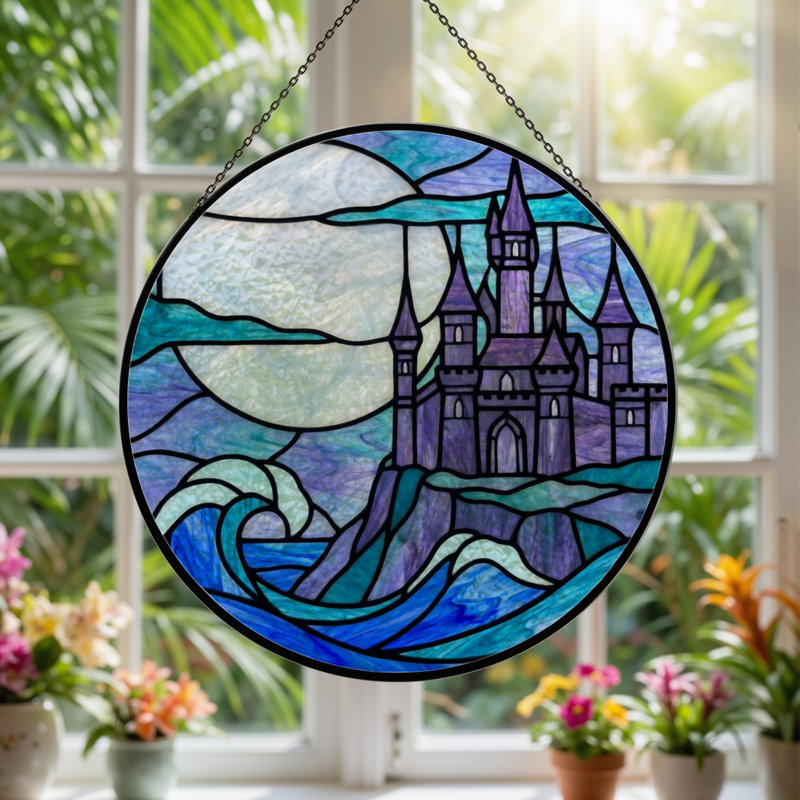 7.8"H Castle Moon Stained Glass Window Panel, 7.8" H x 7.8" W