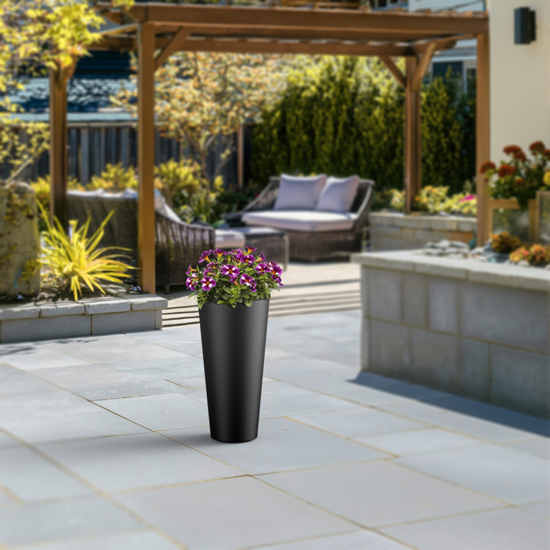 Medium Concrete Round Planter / Pot With Drainage Holes, 15.75" H x 7.87" W x 7.87" D, Charcoal Black (Upgraded Interior)