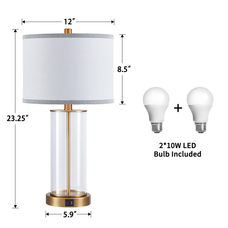 Quinita 23"  Glass Table Lamp Set with Touch Control,  LED Bulbs, USB Ports, Antiqued Brass