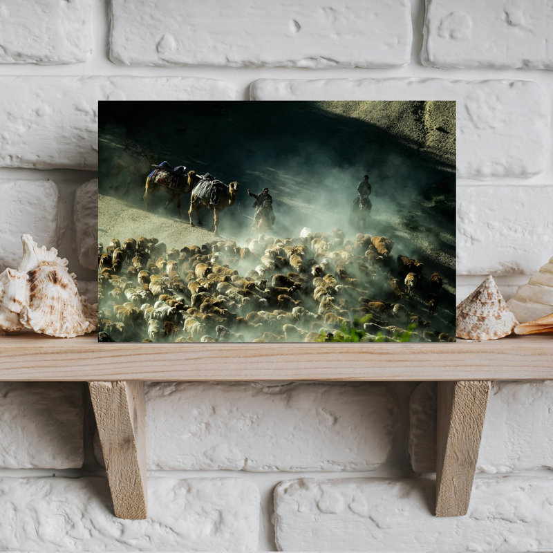 «Dusty Mountain Herders», art contemporain mural, paysage abstrait, H 12 po x l 18 po