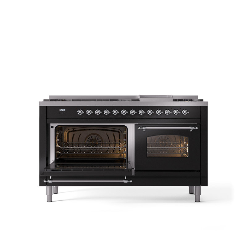 ILVE Nostalgie II 60 Dual Fuel Range, 9 Burners, Griddle, Natural Gas, Glossy Black/Chrome