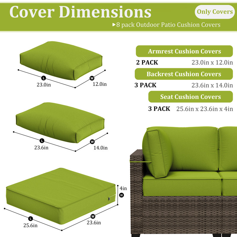 Ensemble de 8 coussins de remplacement pour l'extérieur de 4 po - 3 coussins de siège, 3 dossiers, 2 coussins de coin - Ensemble de coussins seulement