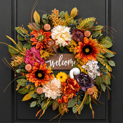 24" Fall Wreath with Florals & Foliage, Rustic Fall Door Decor Moody Autumn Outdoor Indoor Decor