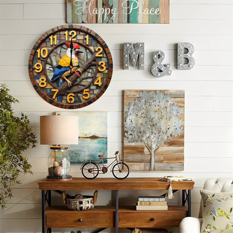 Horloge murale 10 po en MDF rond avec mouvement à quartz silencieux et crochet sans perceuse (piles AA non incluses)
