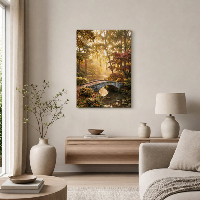 Pont de pierre doré et ensoleillé dans une forêt d'automne - Tableau sur toile, H 48 po x l 32 po