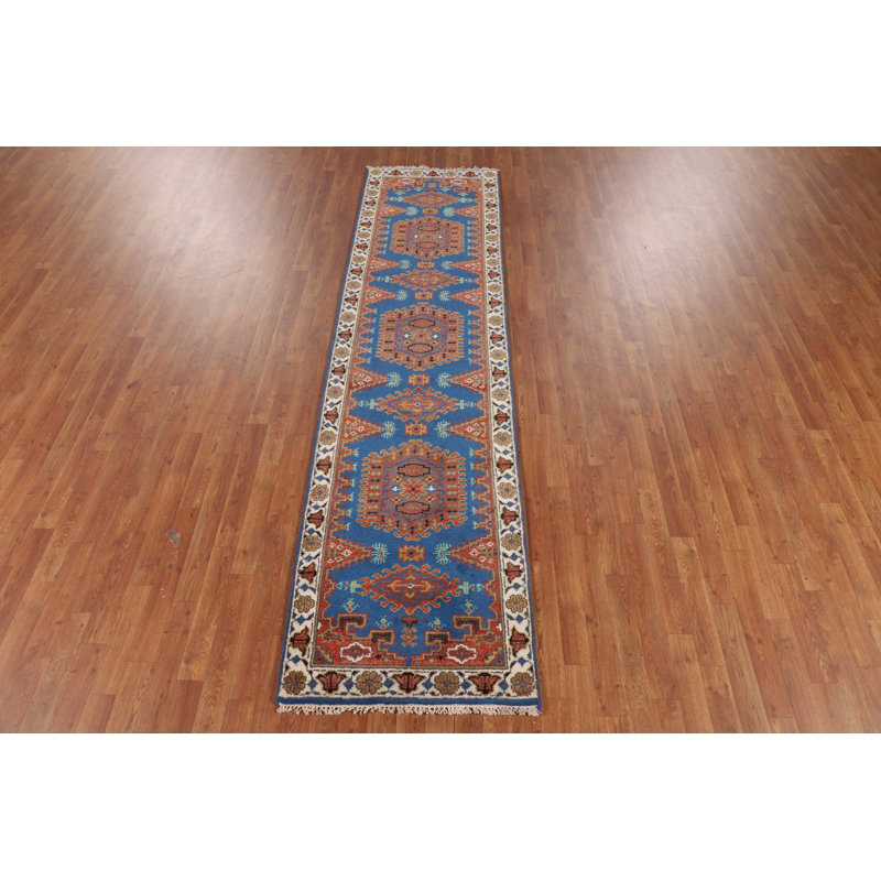 Tapis de couloir indien bleu à motif géométrique traditionnel 3 x 10