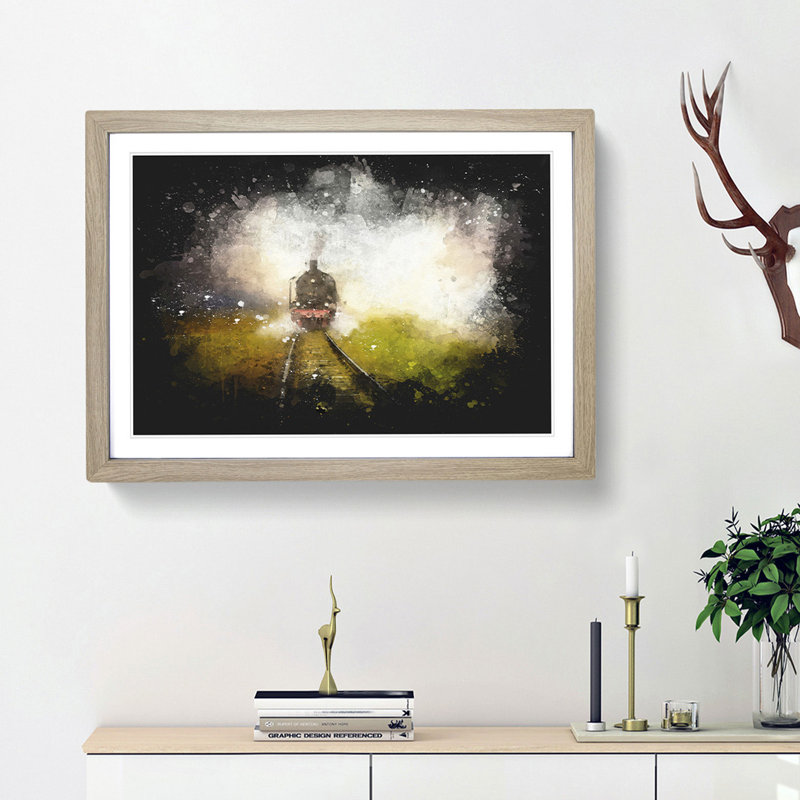 Steam Train Upon The Tracks - Picture Frame Graphic Art, Oak Framed, 33cm H x 45cm W x 2cm D
