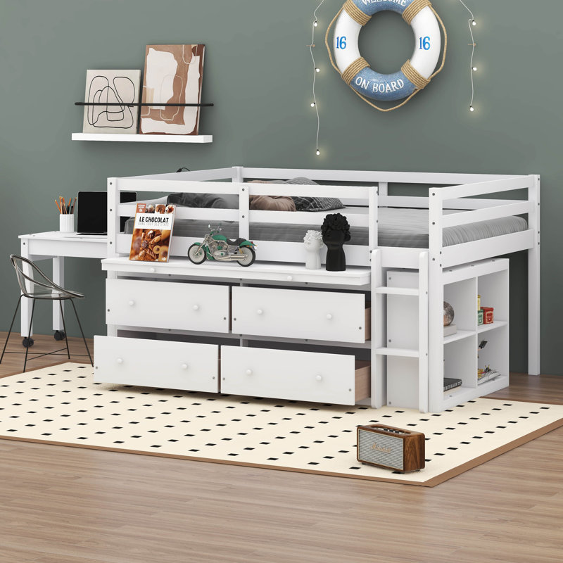 Ilakkiya Loft Bed with Retractable Writing Desk and 4 Drawers, Full / Double, White