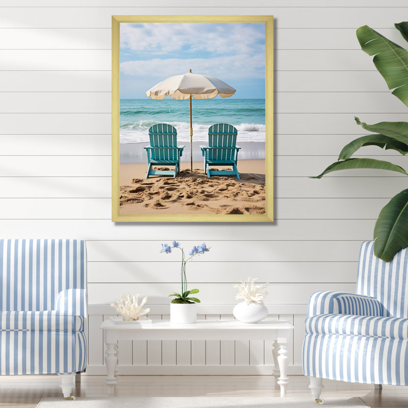 Beach Chairs Scenery III - Nautical & Beach Wall Decor, Gold Single Picture Framed, 32" H x 16" W x 1" D
