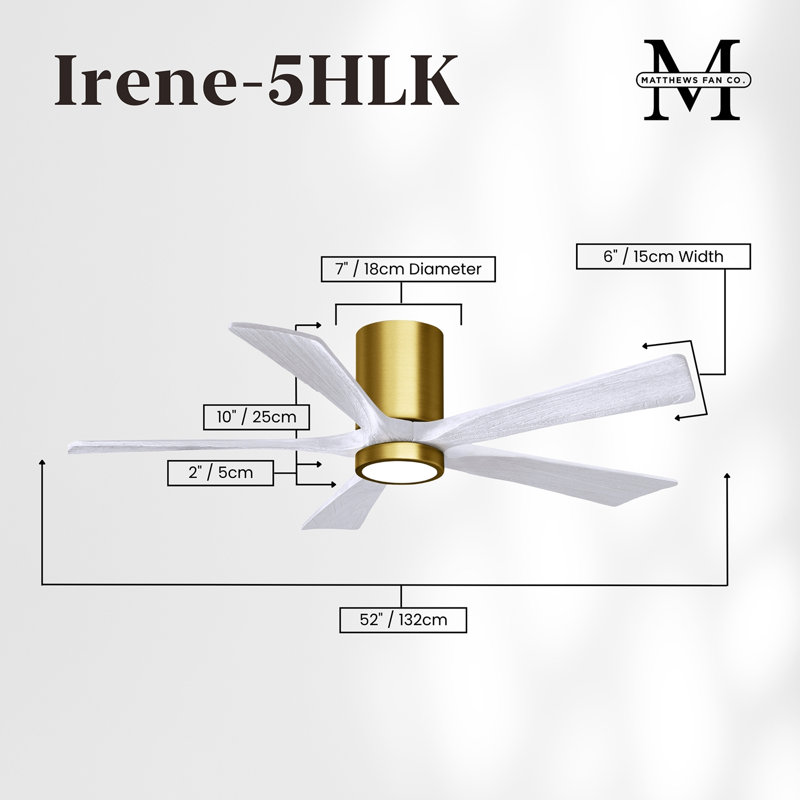 Irene Flushmount Light Kit 5 Blade LED Ceiling Fan, Brushed Brass, 52", Matte White