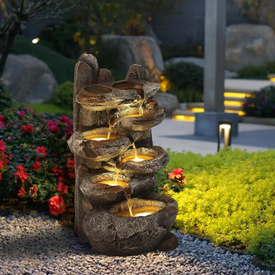 6-Tier Cascading Rock Water Fountain Outdoor Garden Waterfall with Lights