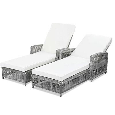 2 Pieces Long Reclining Chaise, Outdoor Wicker Lounge With Armrests, Patio Adjustable Recliner With Soft Removable Cushions, All Weather Rattan Pool Lounge For Poolside & Garden