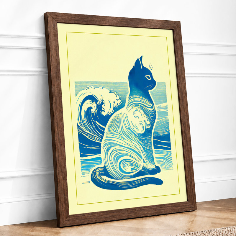 Cat and Waves Japandi 1 Piece Single Picture Frame Wall Art, A2 - 59.4 x 42.0 cm, Walnut