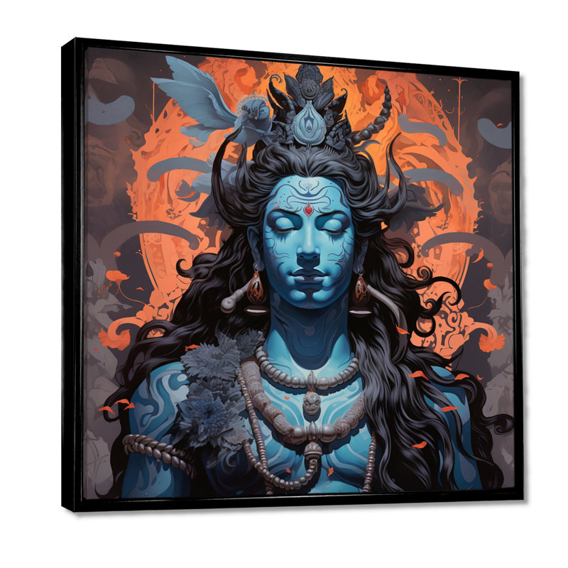 Portrait de Shiva bleu - impression d'art mural de l'hindouisme, Cadre flottant noir, H 16 po x l 16 po x P 1 po