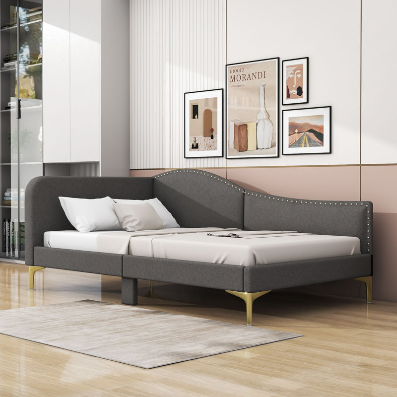 Lit de jour en lin avec accoudoirs Ceryis, Gris, Lit simple