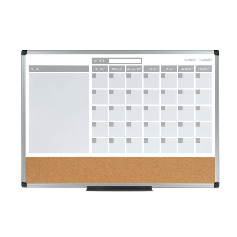 Combo de planches à effacer avec calendrier et calendrier magnétique MasterVision 24 po x 36 po, cadre en plastique gris