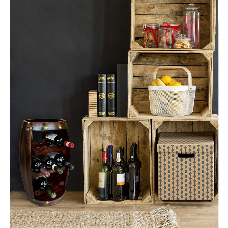 Casier à vin rustique en baril de bois, support de rangement pour bouteilles à poser ou à fixer au mur, idéal pour le bar à domicile.
