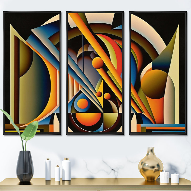 Circular Retro Dynamics I - 3 pièces sur toile, Cadre flottant noir, H 28 po x l 36 po