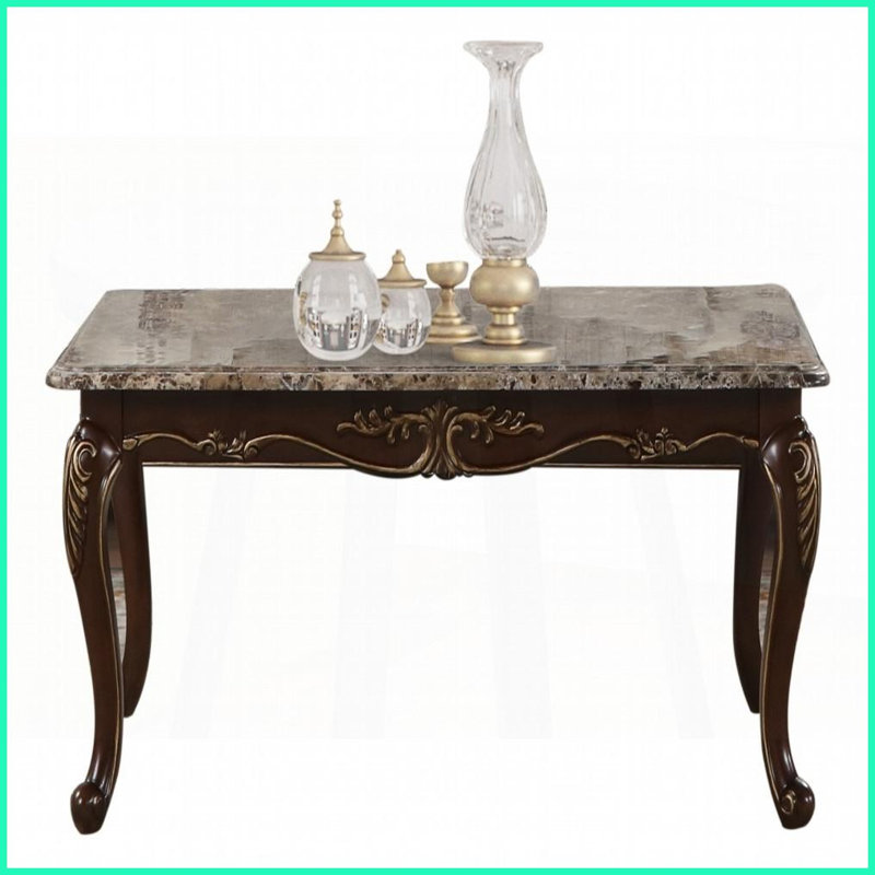Table basse Gloria au fini cerisier avec plateau en marbre véritable - spacieuse, sans assemblage pour le salon