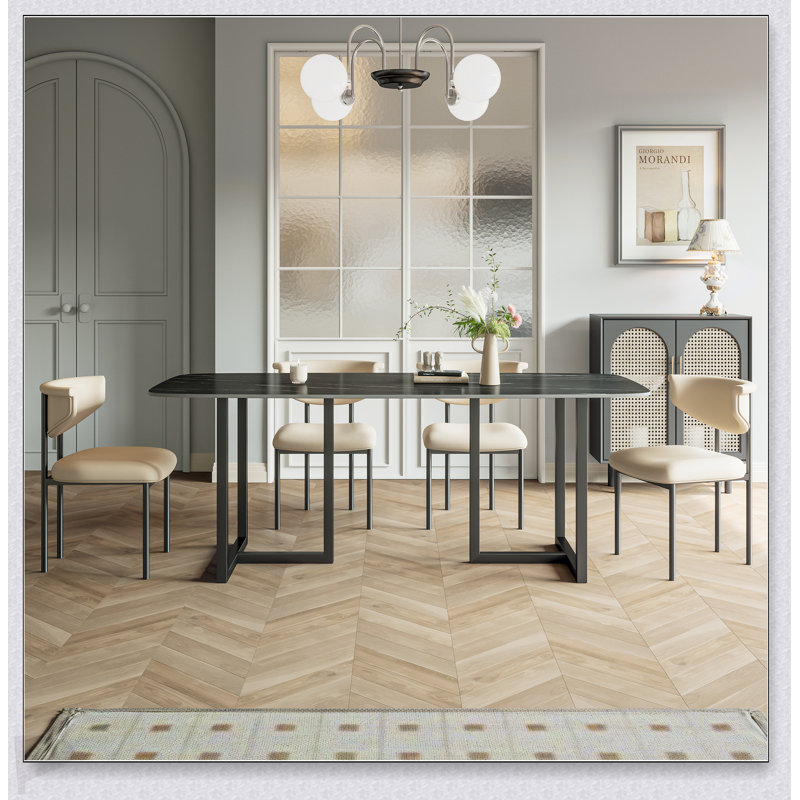 Élégante table de salle à manger en acier au carbone avec pierre noire Lauren, durable et élégante pour les intérieurs modernes