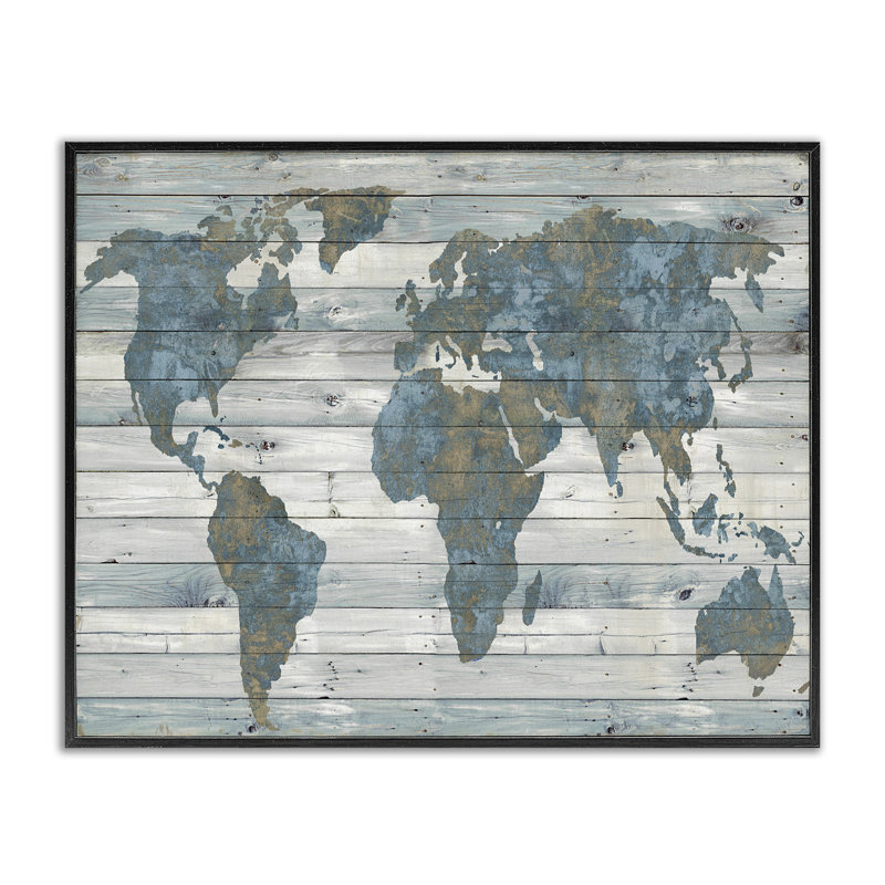 «Slate Planked Look Weathered World Map - Floater Frame», impression, H 14 po x l 11 po, Giclée encadrée noir minuit