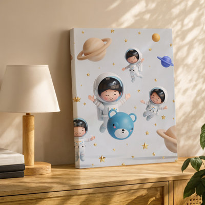 Toile, conception de papier peint fantaisiste adaptée aux enfants mettant en vedette des adorables astronautes, art mural flottant parmi des planètes colorées, art mural
