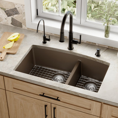 Karran Quartz 32'' X 19-1/2'' Double Bowl 60/40 Undermount Kitchen Sink Kit