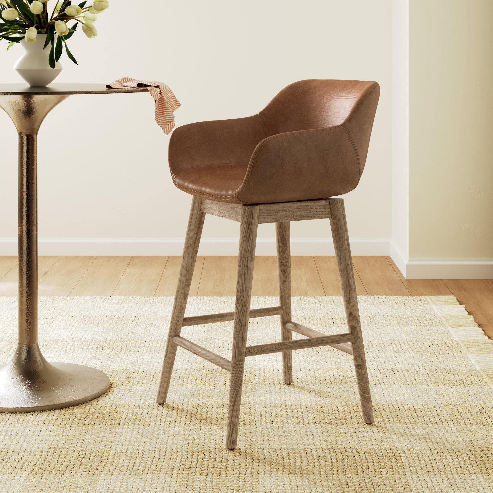 Bahari Swivel Leather Stool, Counter Stool (26.5" Seat Height), Sonoma Chestnut/Genuine Leather, Amber Ash