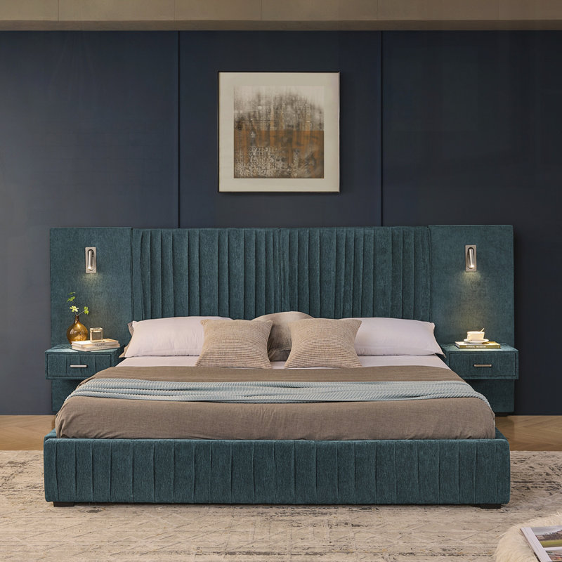 Upholstered Bed Frame With Headboard, King, Blue/Green