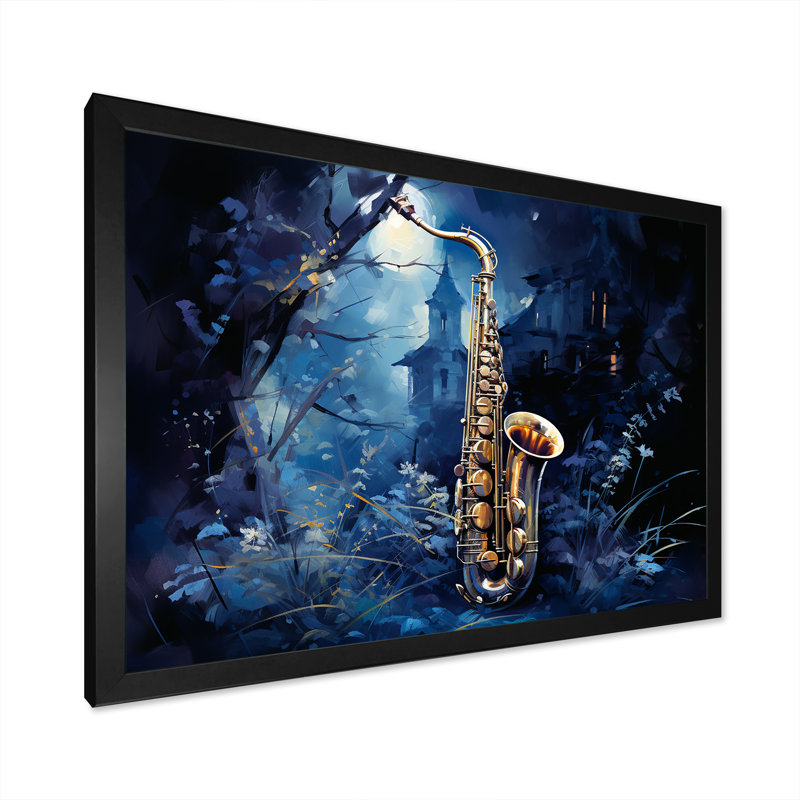 Saxophone bleu minuit - musique encadrée, art mural, Cadre simple noir, H 24 po x l 32 po x P 1 po