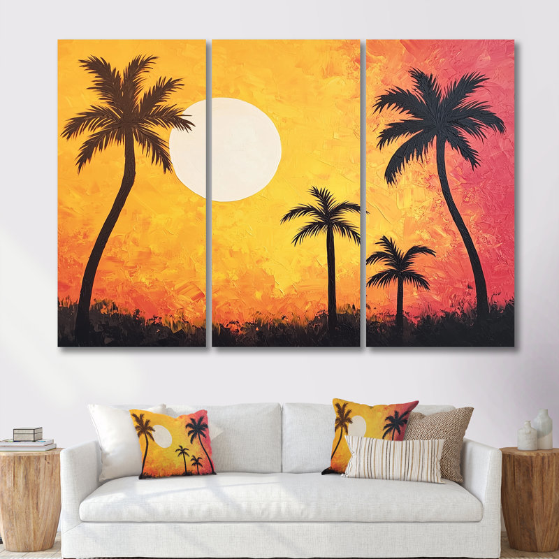 «Sunset Oasis Palm Trees I» - ensemble d'art mural palmiers, H 40 po x l 60 po, Toile tendue, Does Not Apply