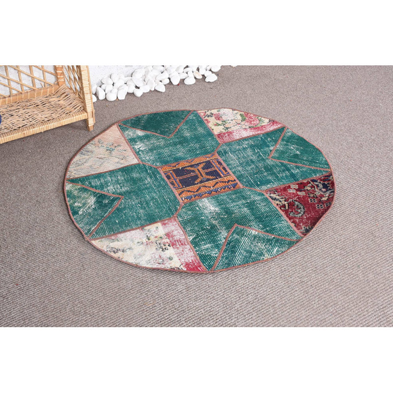 Tapis turc, petit tapis de 3,3 pi x 3,3 pi, tapis tissés à la main verts, tapis rétro, tapis de cuisine