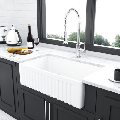 White Ceramic 30 Inch Reversible Apron - Front Single Bowl Kitchen Sink, Build, 304 Stainless Steel Dish Grid And Basket Strainer, Stain Appearance