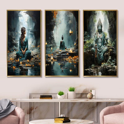 «Hinduism Yogis Tranquil Cave Teal» - ensemble de 4 reproductions d'art sur toile