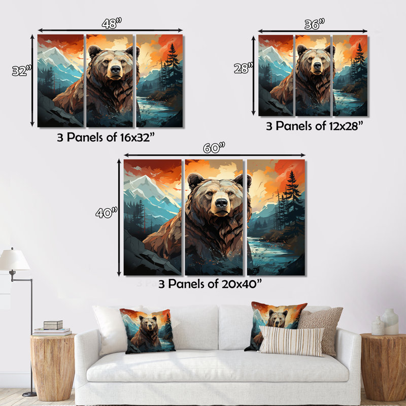Ensemble d'illustrations murales sur toile Animal Bear, H 40 po x l 60 po x P 1 po