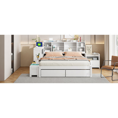 Lit plateforme double en bois avec espace de rangement multifonctionnel, table de chevet, 2 tiroirs, ports USB et bureau