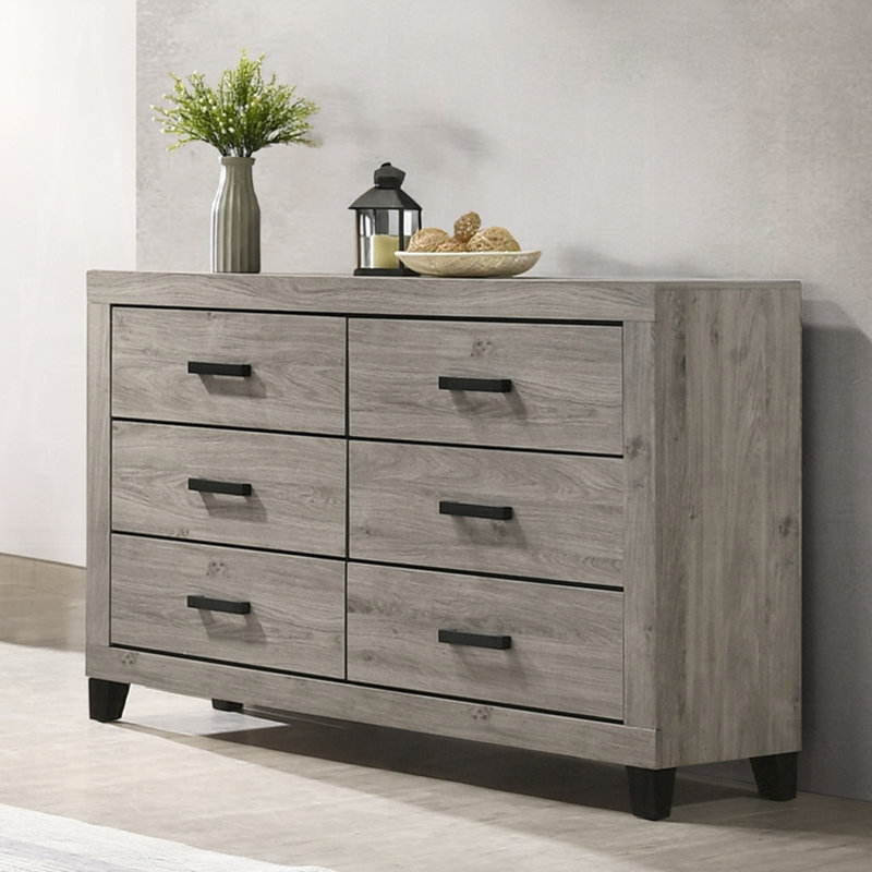 Table de chevet 6 tiroirs en bois avec poignées en métal gris clair