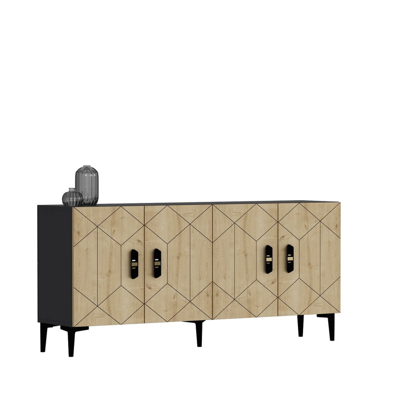 Console moderne Catena, chêne anthracite et saphir, panneau de particules enduit 100% mélamine, tablettes multiples, fixation murale, conception géométrique | Parfait pour le salon et le vestibule
