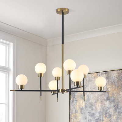 Modern Sputnik Chandelier With White Glass Globes, Black And Gold Metal Fixture For Dining Room, Living Room, Kitchen, Bedroom, Flush Mount Ceiling Light
