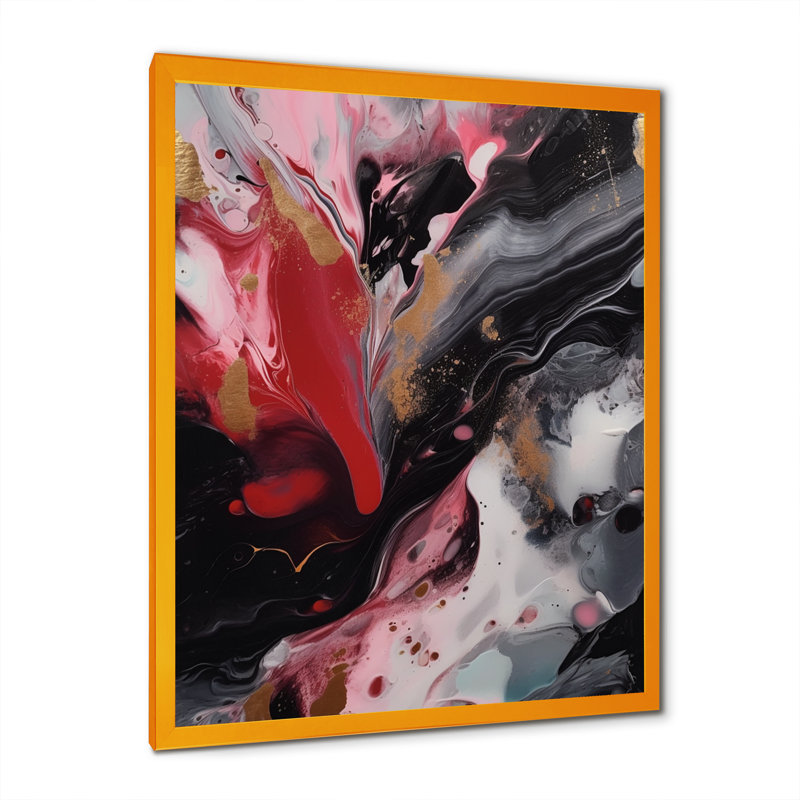 «Red and Black Marble Whispers IV», art abstrait sur toile marbrée, H 20 po x l 12 po x P 1 po, Encadrement doré